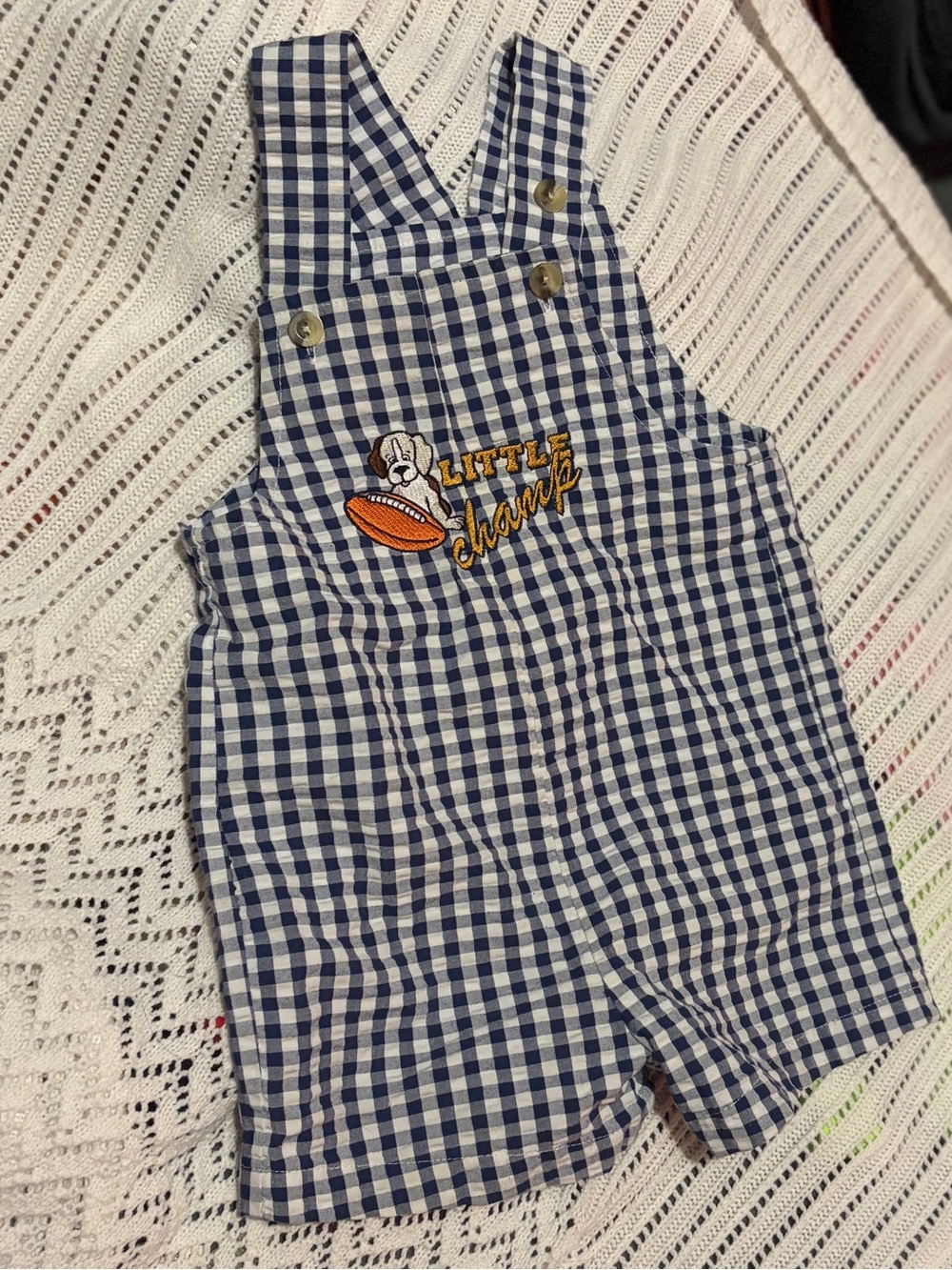 VTG Gingham Kids' Short Overalls with 'Little Champ' Puppy & Football Embroidery